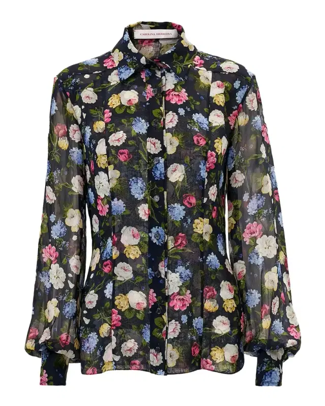 Carolina Herrera Isabella Rose-Print Silk Chiffon Button-Down Shirt
