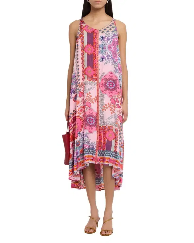 Dornaz High-Low Patchwork Silk Midi Dress