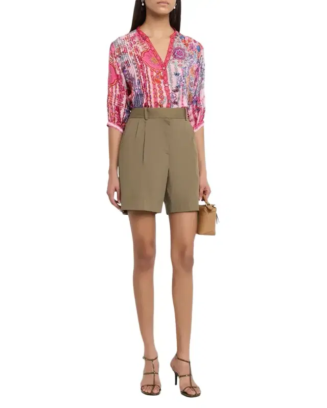 Vacanza Pintuck Floral-Print Silk Blouse
