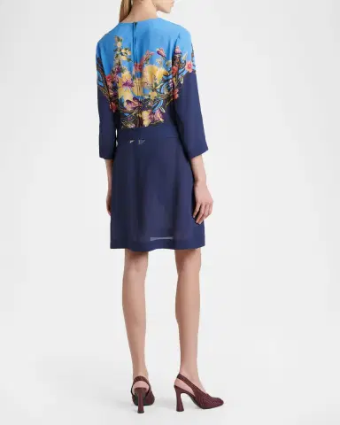 Etro Bi-Color Floral-Print 3/4-Sleeve Belted Dress | Thumbnail 2 Etro Bi-Color Floral-Print 3/4-Sleeve Belted Dress | Thumbnail 2