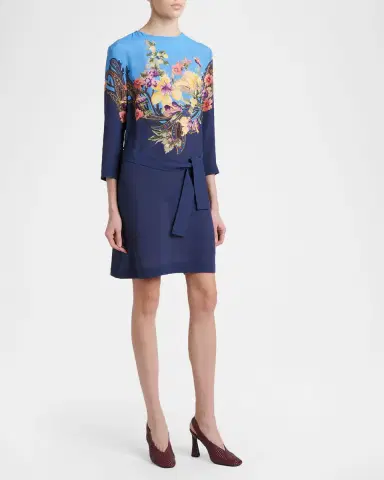 Etro Bi-Color Floral-Print 3/4-Sleeve Belted Dress | Thumbnail 3 Etro Bi-Color Floral-Print 3/4-Sleeve Belted Dress | Thumbnail 3