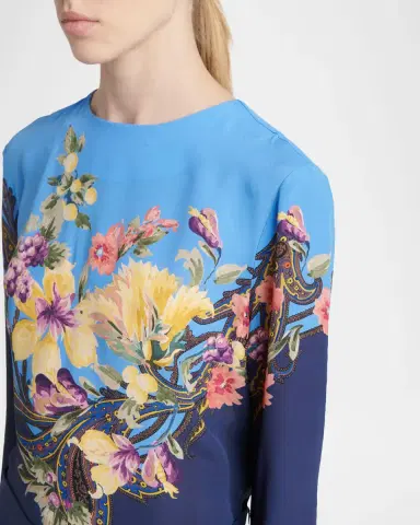 Etro Bi-Color Floral-Print 3/4-Sleeve Belted Dress | Thumbnail 4 Etro Bi-Color Floral-Print 3/4-Sleeve Belted Dress | Thumbnail 4
