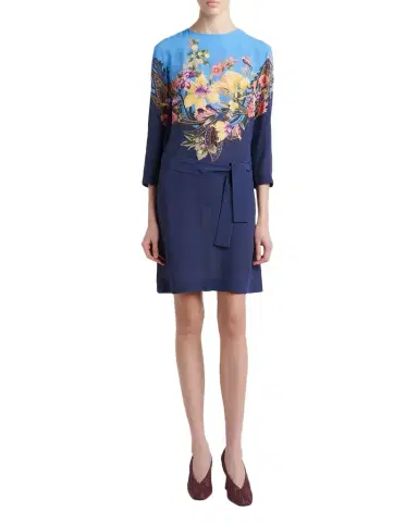 Etro Bi-Color Floral-Print 3/4-Sleeve Belted Dress | Thumbnail 1 Etro Bi-Color Floral-Print 3/4-Sleeve Belted Dress | Thumbnail 1