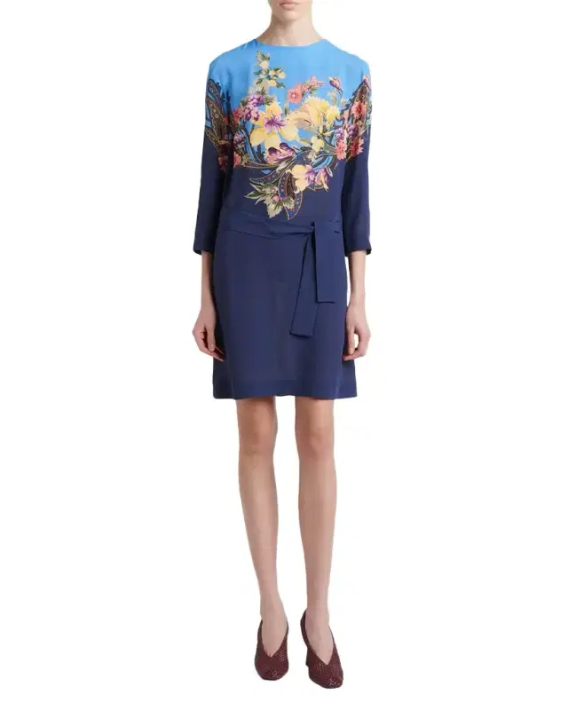 Etro Bi-Color Floral-Print 3/4-Sleeve Belted Dress