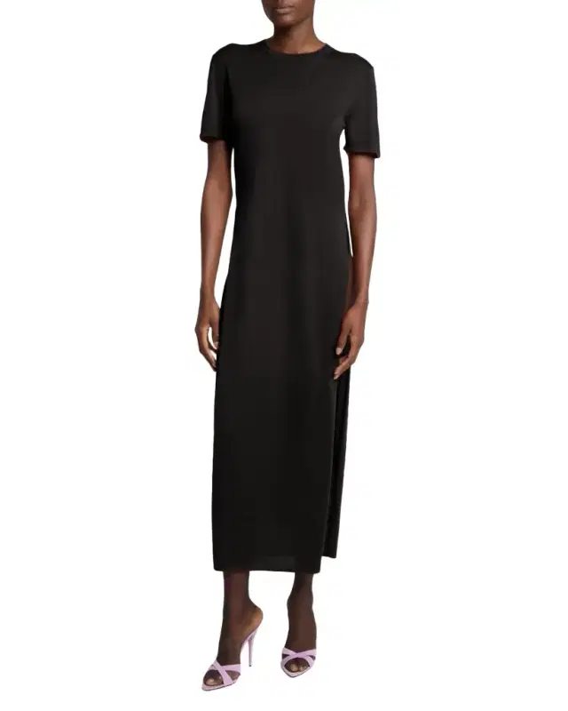Short-Sleeve Wool Side-Slits Midi Dress
