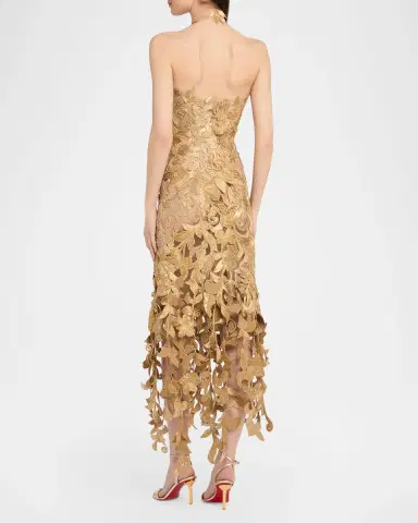 Oscar de la Renta Sleeveless Corded Floral Halter Midi Cocktail Dress | Thumbnail 2 Oscar de la Renta Sleeveless Corded Floral Halter Midi Cocktail Dress | Thumbnail 2