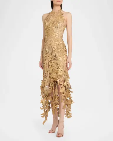 Oscar de la Renta Sleeveless Corded Floral Halter Midi Cocktail Dress | Thumbnail 3 Oscar de la Renta Sleeveless Corded Floral Halter Midi Cocktail Dress | Thumbnail 3