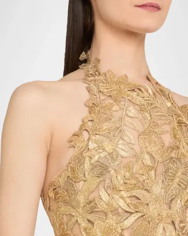 Oscar de la Renta Sleeveless Corded Floral Halter Midi Cocktail Dress | Thumbnail 4 Oscar de la Renta Sleeveless Corded Floral Halter Midi Cocktail Dress | Thumbnail 4