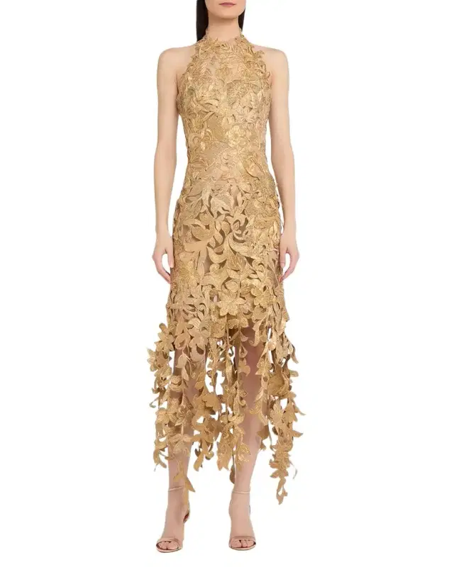 Sleeveless Corded Floral Halter Midi Cocktail Dress Sleeveless Corded Floral Halter Midi Cocktail Dress