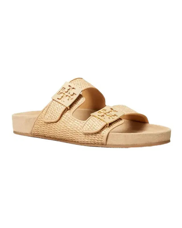 Tory Burch Mellow Raffia Dual-Buckle Slide Sandals