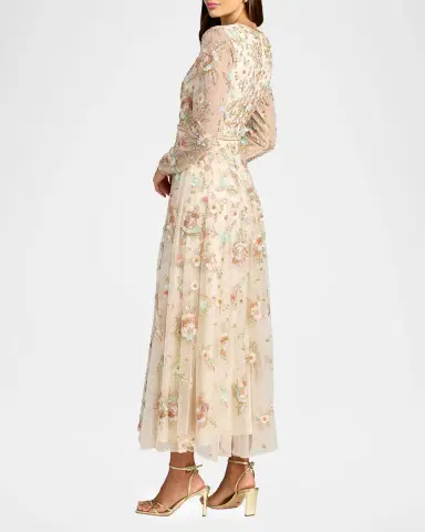 Mac Duggal Floral Beaded Mesh Midi-Dress | Thumbnail 2