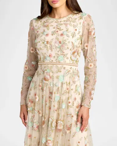 Mac Duggal Floral Beaded Mesh Midi-Dress | Thumbnail 3