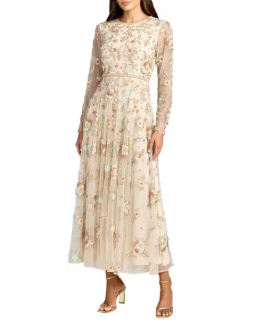 Mac Duggal Floral Beaded Mesh Midi-Dress | Thumbnail 1
