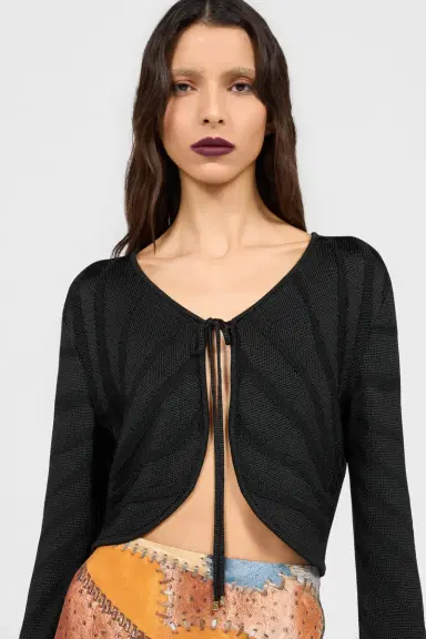 Roberto Cavalli Black Cropped Tie Front Cardigan | Thumbnail 4 Roberto Cavalli Black Cropped Tie Front Cardigan | Thumbnail 4