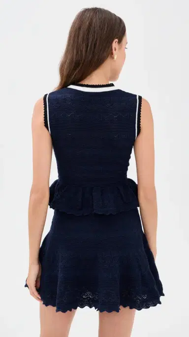 Self-Portrait Navy Peplum Pointelle Knit Mini Dress Navy | Thumbnail 3 Self-Portrait Navy Peplum Pointelle Knit Mini Dress Navy | Thumbnail 3
