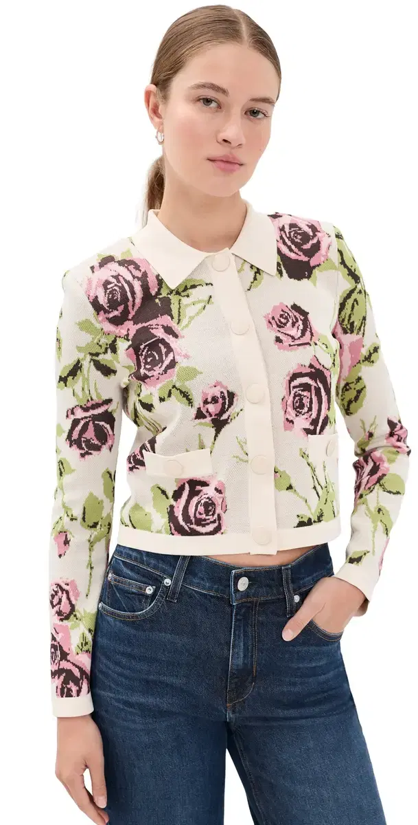 Osiris Jacquard Collared Cardigan Ecru/Romantic Rose L