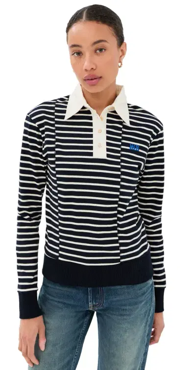 Wales Bonner Reflect Polo Top Navy/Ivory | Thumbnail 1 Wales Bonner Reflect Polo Top Navy/Ivory | Thumbnail 1