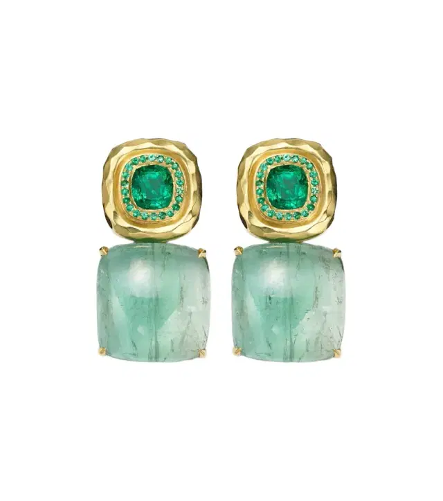 Double Orbit 18kt gold earrings with tourmalines and emeralds