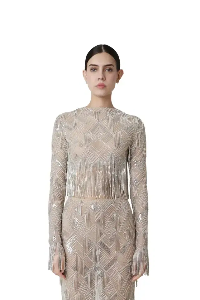 LAPOINTE Geometric Crystal Fringe Cropped Top