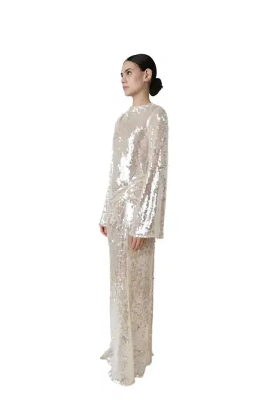 Lapointe Mesh Sequin Longsleeve Gown With Side Tucks | Thumbnail 1