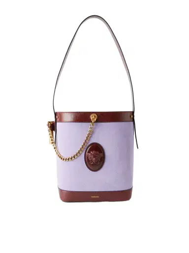 Versace Pivot Leather-trimmed Suede Bucket Bag | Thumbnail 1 Versace Pivot Leather-trimmed Suede Bucket Bag | Thumbnail 1