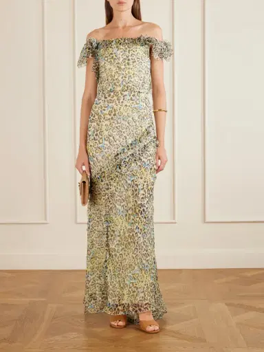 Saloni Nina Off-the-shoulder Ruffled Printed Silk Gown | Thumbnail 2 Saloni Nina Off-the-shoulder Ruffled Printed Silk Gown | Thumbnail 2
