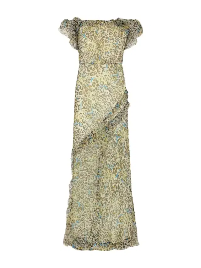 Nina Off-the-shoulder Ruffled Printed Silk Gown
