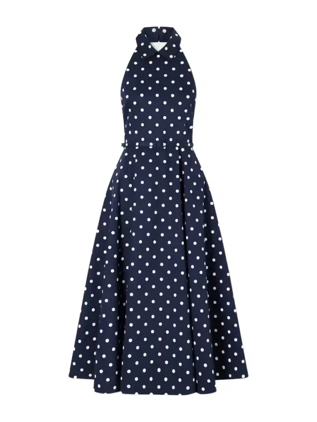 Belted Halter-neck Polka-dot Cotton-blend Twill Midi Dress