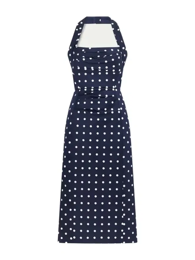 Halted-neck Polka-dot Cotton-blend Twill Midi Dress