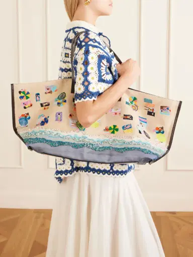 Staud Christos Large Leather-trimmed Embroidered Bead-embellished Canvas Tote | Thumbnail 2 Staud Christos Large Leather-trimmed Embroidered Bead-embellished Canvas Tote | Thumbnail 2