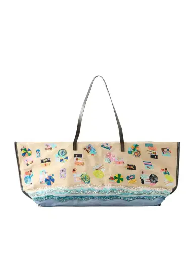 Staud Christos Large Leather-trimmed Embroidered Bead-embellished Canvas Tote | Thumbnail 1 Staud Christos Large Leather-trimmed Embroidered Bead-embellished Canvas Tote | Thumbnail 1