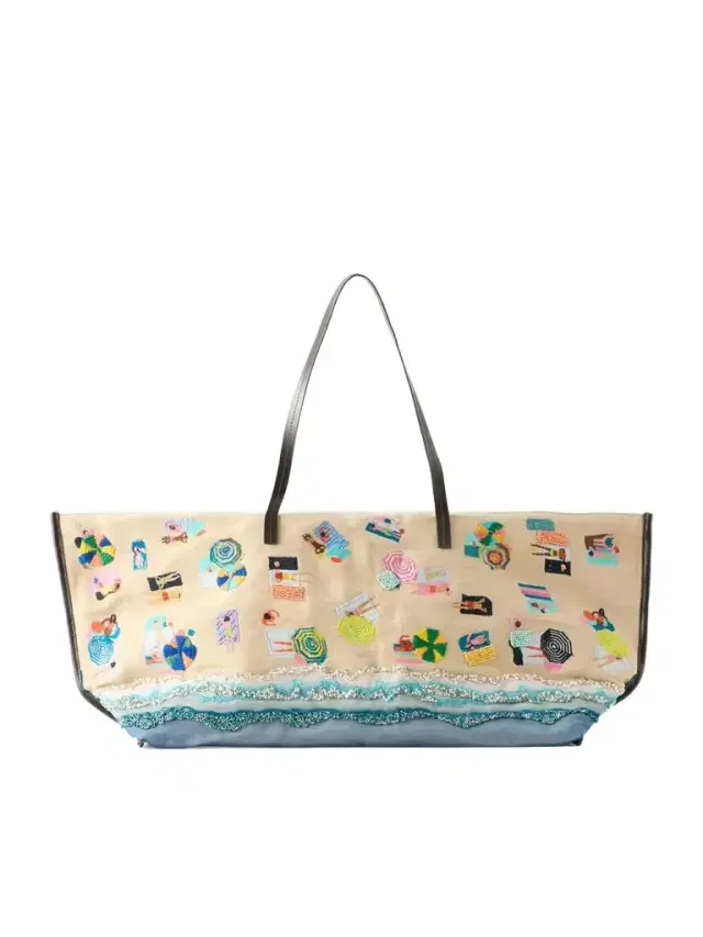 Staud Christos Large Leather-trimmed Embroidered Bead-embellished Canvas Tote