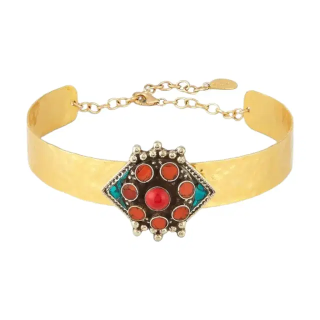Devon Leigh Devon Leigh 18K Yellow Gold Plated Brass Coral & Turquoise Choker Necklace by The Solist