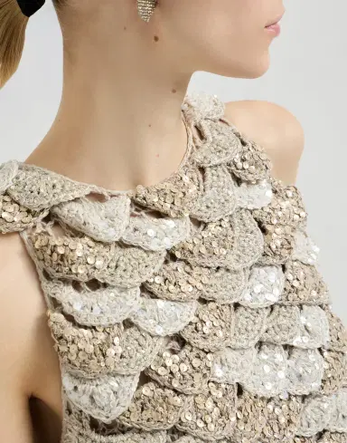 Brunello Cucinelli Handmade Dazzling Shell OPERA knit top in jute and cotton | Thumbnail 3
