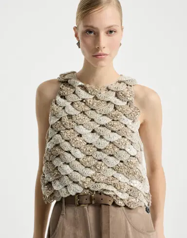 Brunello Cucinelli Handmade Dazzling Shell OPERA knit top in jute and cotton | Thumbnail 4