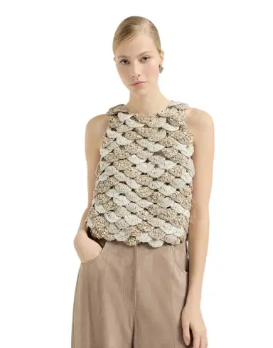 Brunello Cucinelli Handmade Dazzling Shell OPERA knit top in jute and cotton | Thumbnail 1