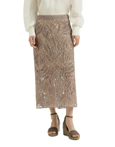 Brunello Cucinelli Linen and cotton dazzling cacao leaves embroidery skirt | Thumbnail 1 Brunello Cucinelli Linen and cotton dazzling cacao leaves embroidery skirt | Thumbnail 1