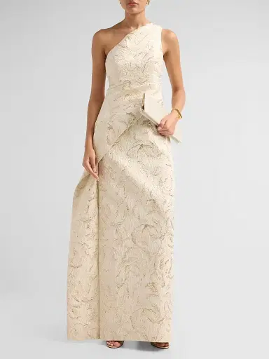 Teri Jon by Rickie Freeman Women's Metallic Jacquard One-Shoulder Draped Asymmetric Peplum Gown - Champagne Multi - Size 18 | Thumbnail 2 Teri Jon by Rickie Freeman Women's Metallic Jacquard One-Shoulder Draped Asymmetric Peplum Gown - Champagne Multi - Size 18 | Thumbnail 2