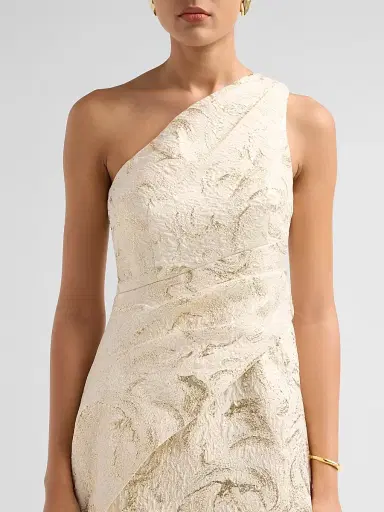 Teri Jon by Rickie Freeman Women's Metallic Jacquard One-Shoulder Draped Asymmetric Peplum Gown - Champagne Multi - Size 18 | Thumbnail 5 Teri Jon by Rickie Freeman Women's Metallic Jacquard One-Shoulder Draped Asymmetric Peplum Gown - Champagne Multi - Size 18 | Thumbnail 5