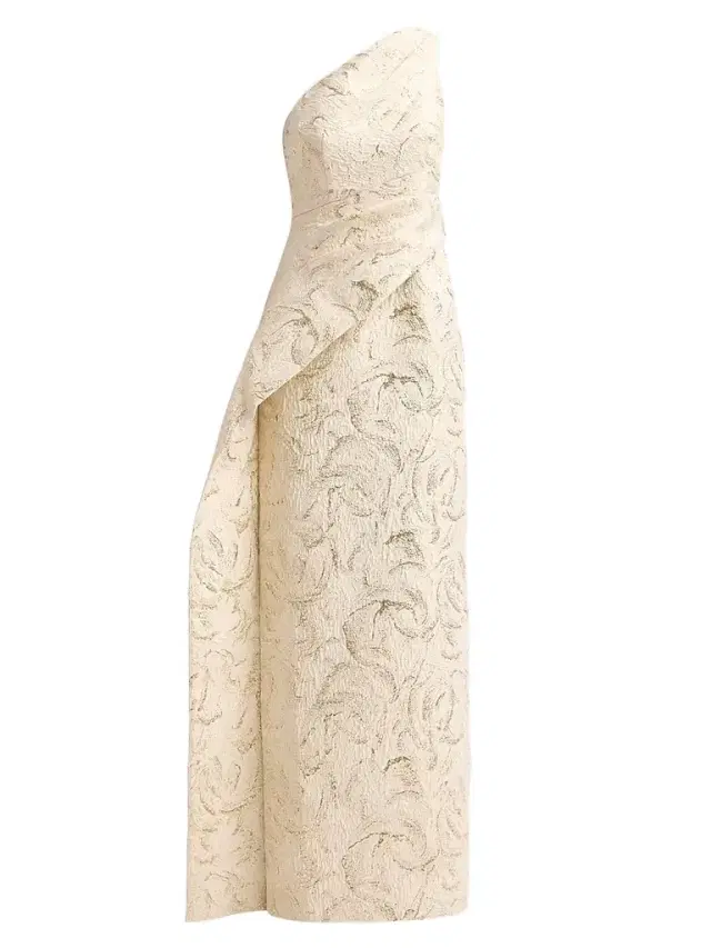 Teri Jon by Rickie Freeman Women's Metallic Jacquard One-Shoulder Draped Asymmetric Peplum Gown - Champagne Multi