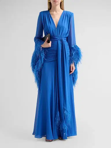 Bronx and Banco Women's Geisha Feather Cuff Draped Maxi Dress - Cobalt Blue | Thumbnail 2