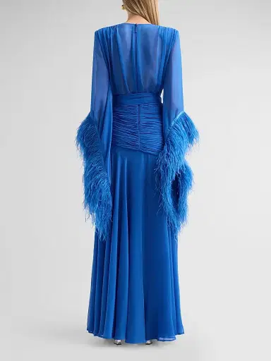 Bronx and Banco Women's Geisha Feather Cuff Draped Maxi Dress - Cobalt Blue | Thumbnail 3