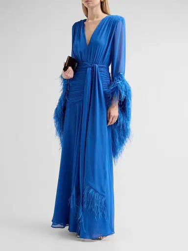 Bronx and Banco Women's Geisha Feather Cuff Draped Maxi Dress - Cobalt Blue | Thumbnail 4