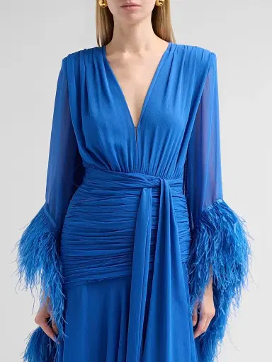 Bronx and Banco Women's Geisha Feather Cuff Draped Maxi Dress - Cobalt Blue | Thumbnail 5