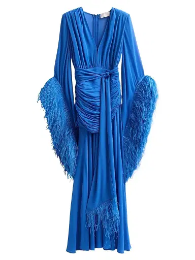 Bronx and Banco Women's Geisha Feather Cuff Draped Maxi Dress - Cobalt Blue | Thumbnail 1