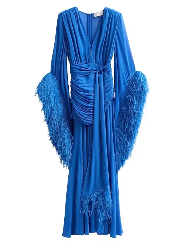 Bronx Banco Women's Geisha Feather Cuff Draped Maxi Dress - Cobalt Blue