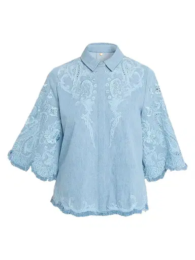 Kobi Halperin Women's Hadley Washed Denim Fringe Blouse Indigo | Thumbnail 1 Kobi Halperin Women's Hadley Washed Denim Fringe Blouse Indigo | Thumbnail 1
