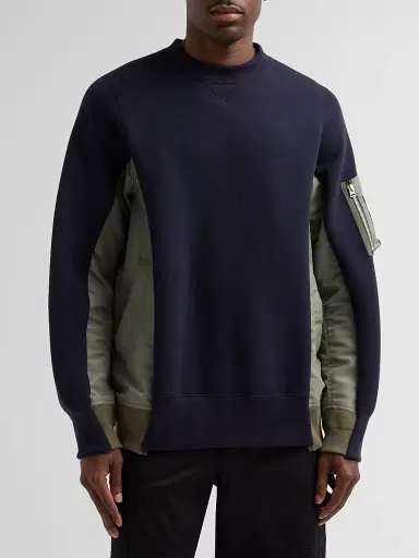 Sacai Men's Sponge Sweat x Nylon Twill Sweatshirt - Navy Khaki - Size XL | Thumbnail 2