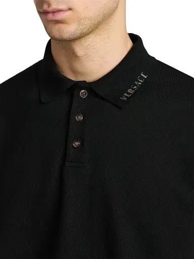 Versace Men's Piquet Medusa Buttons Cotton Polo Shirt - Black - Size XS | Thumbnail 6