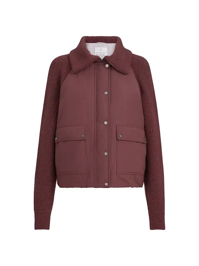 Brunello Cucinelli Women's Techno Cotton Taffeta and Virgin Wool, Cashmere and Silk Knit Down Jacket with Shiny Zipper Pull - Burgundy